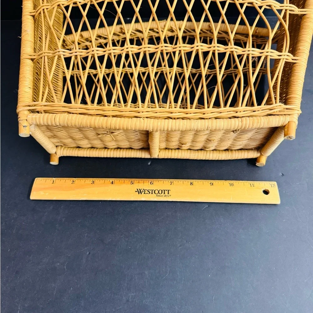 Vintage Handmade tan Bohemian delicate wicker magazine holder.